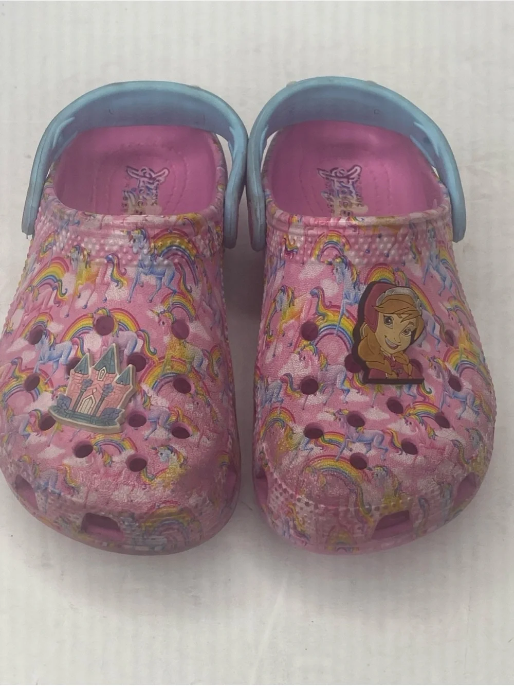 CROCS Pink Rainbow Print Clogs with Blue Heel Strap